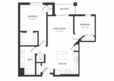 Floor plan for 1 bed, 1 bath, 909 sqft